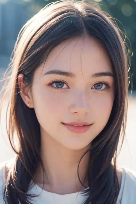 a close up of a woman with long hair and a white shirt