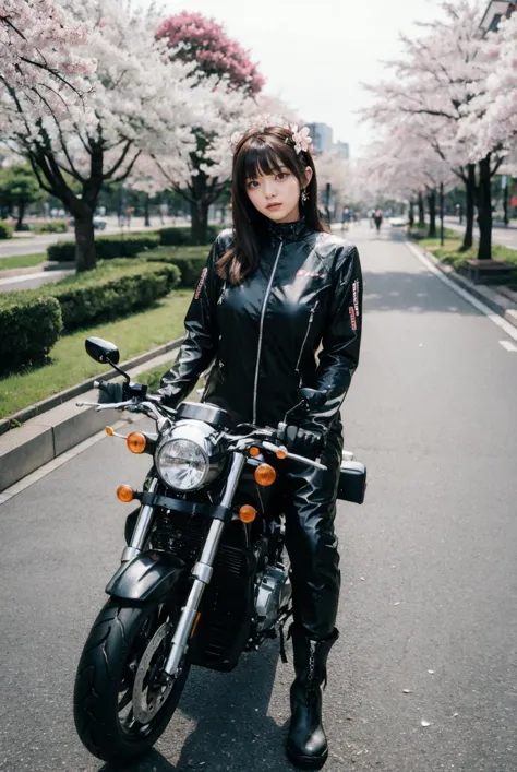 araffe woman in leather jacket sitting on motorcycle in the middle of the road