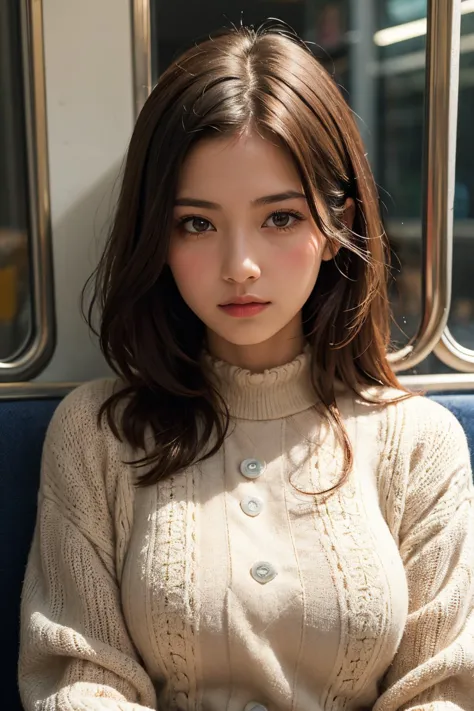 a close up of a woman sitting on a train seat