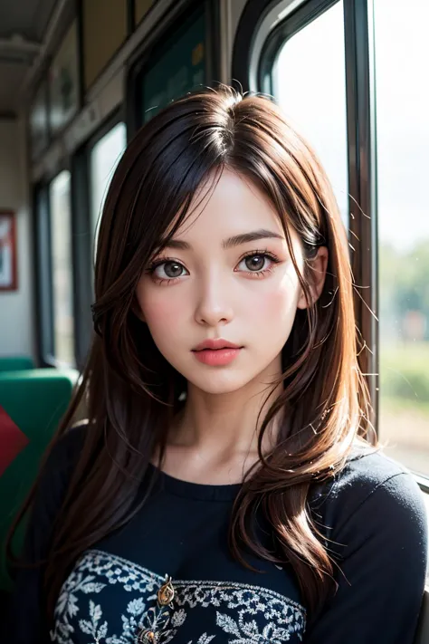 a close up of a woman sitting on a train looking at the camera