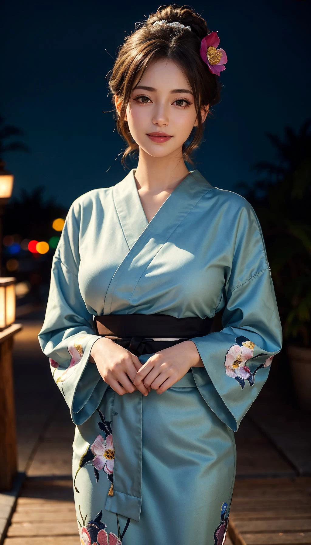 A close up of a woman in a blue kimono standing on a wooden walkway ...