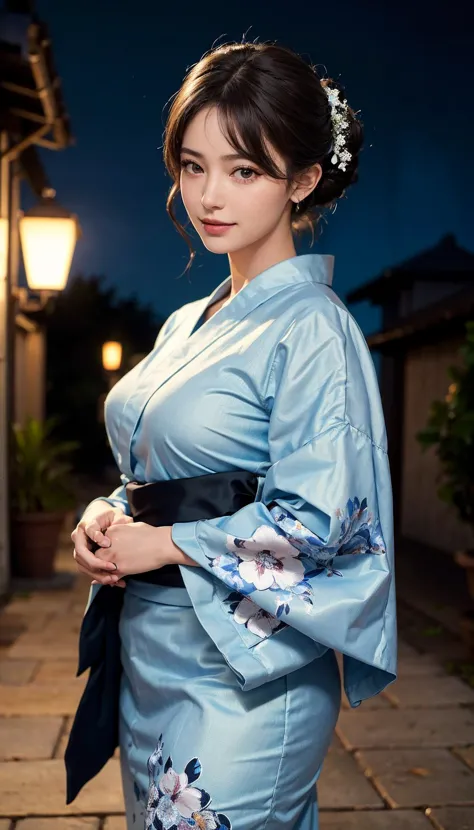 a woman in a blue kimono is posing for a picture