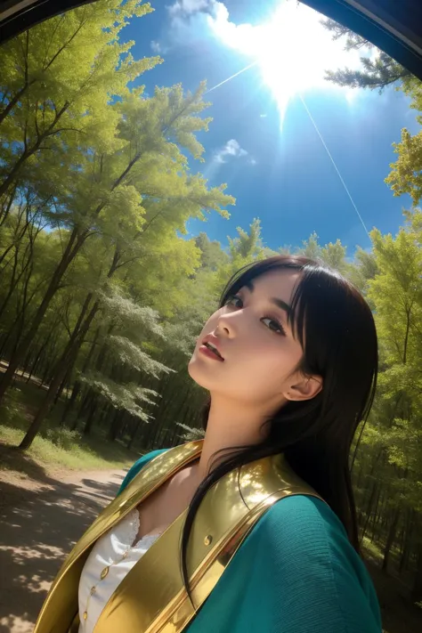 a woman in a green and gold outfit standing in a forest