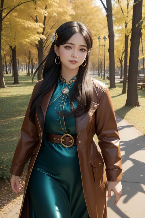 araffe woman in a green dress and brown coat walking down a sidewalk