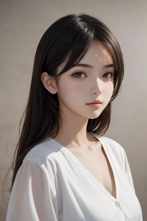 1girl, upper body, (masterpiece, best quality), RAW photo, 16k wallpaper, extremely detailed CG, amazing, ultra detailed, hyperrealistic, official art, High quality texture, incredibly absurdres, highres, 18 years old, cute girl, beautiful face, detailed large black eyes,