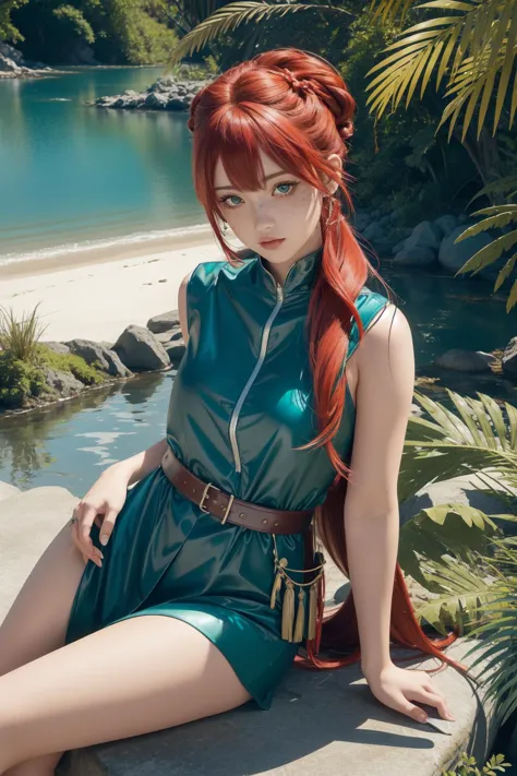 a woman with red hair sitting on a ledge near a body of water