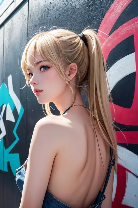 a woman with a ponytail in a blue dress standing in front of a graffiti wall