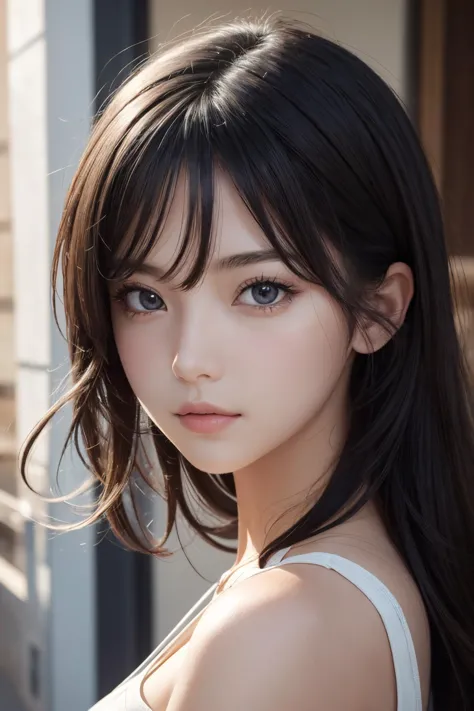 1girl, upper body, (masterpiece, best quality), RAW photo, 16k wallpaper, extremely detailed CG, amazing, ultra detailed, hyperrealistic, official art, High quality texture, incredibly absurdres, highres, 18 years old, cute girl, beautiful face, detailed large black eyes,