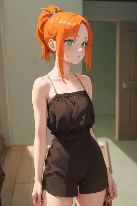 a woman with orange hair and green eyes standing in a room