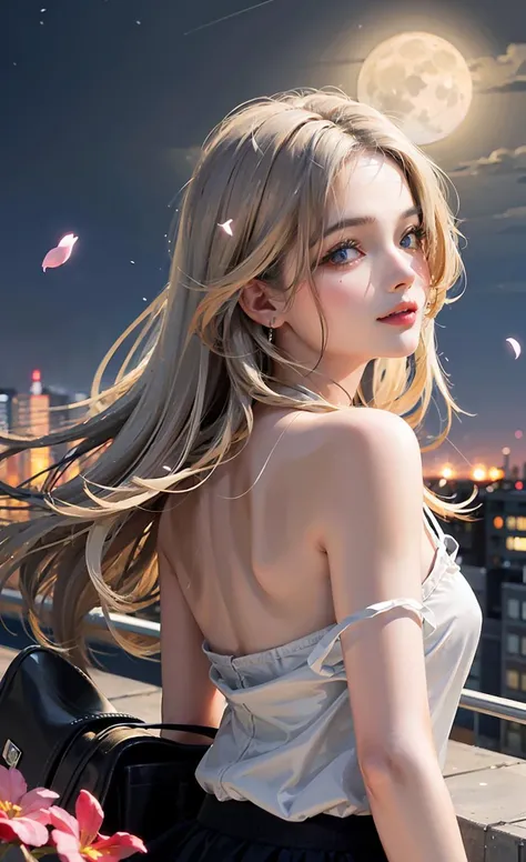 a woman with long hair standing on a roof with a city in the background