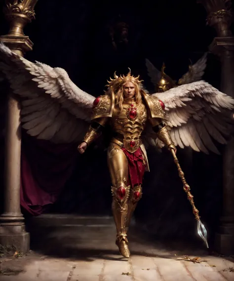 full body, action shot with cinematic camera, epic photographic portrait of SANGUINIUS, wearing ornate golden armor(laurel wreat...