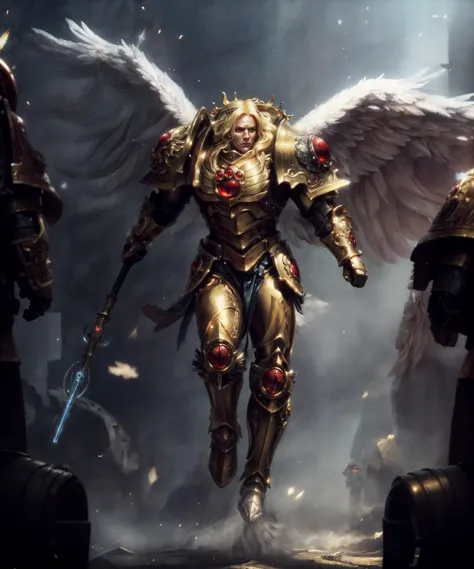 full body, action shot with cinematic camera, epic photographic portrait of SANGUINIUS, wearing ornate golden armor, (broad shou...