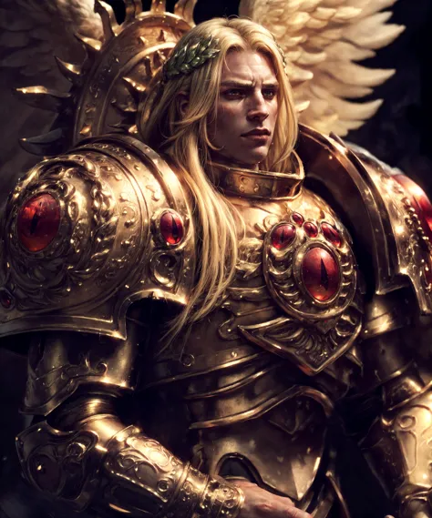 Upper body, cowboy shot, shot with cinematic camera, epic photographic portrait of SANGUINIUS, wearing ornate golden armor with ...