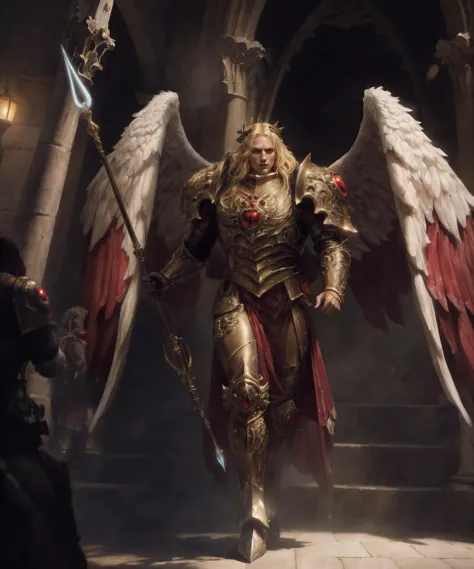 full body, action shot with cinematic camera, epic photographic portrait of SANGUINIUS, wearing ornate golden armor with two gia...