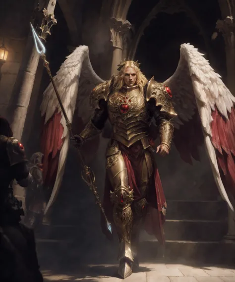 full body, action shot with cinematic camera, epic photographic portrait of SANGUINIUS, wearing ornate golden armor with two giant angel (feathered wings:1.3), archangel, fur trim, animal [elt matte metal texture on armor, red glow, red pelvic curtain, (broad shoulders:1.3), tall, (laurel wreath, glowing halo:1.1), holding weapon, (spear:1.3), (midair, charging forward:1.3), in battle,
man, knight, rugged warrior, mature, masculine, square jaw, sharp facial features, (aquiline nose:1.1), chiseled, detailed matte skin texture, skin imperfections, skin pores, realistic skin, detailed eyes, blue glowing eyes, detailed pupils, long blonde hair, frustrated, looking at viewer,
(outdoors:1.2), dim lighting, (ruined gothic palace exterior, city gates in the background, battleground:1.3), medieval war, (warhammer 40k:1.2), soft lighting, subsurface scattering, cinematic color grading, renaissance painting, (Rembrandt masterpiece:1.2), chiaroscuro, best quality, hyperrealistic, 8k, Intricate, High Detail, film photography, soft focus,
<lora:Elixir:0.4> <lora:more_details:0.6> <lora:Sanguinius MK3 by CARAXES:0.75>