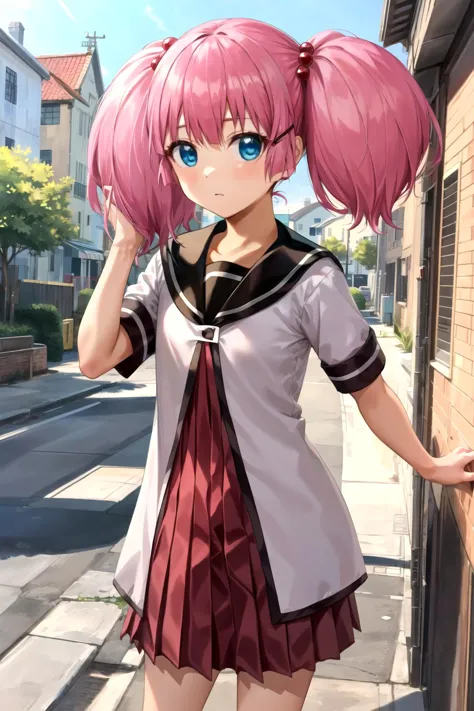 anime girl with pink hair and blue eyes posing in front of a building