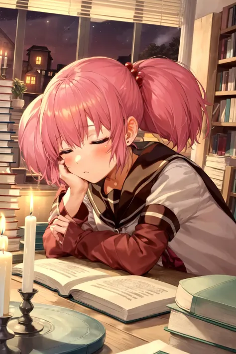 anime girl with pink hair sitting at a table with a candle