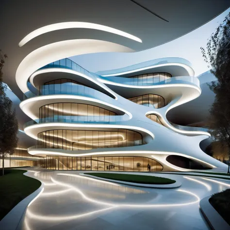 Zaha Hadid's futuristic architectural style is known for its unique streamlining and technological innovation. To capture the building's awe-inspiring design and highlight its fluid form and seamless blend of technology, you can try the following:
Emphasis...