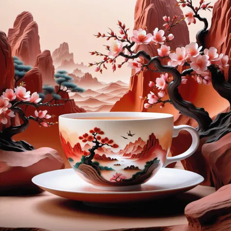 (Masterpiece, high quality, best quality, official art, beauty and aesthetics: 1.2), milk tea cup, surrounded by red rocks, spla...