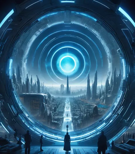 y4nn, une ville futuriste avec une énorme structure circulaire au centre de son cercle central est une lumière bleue, science-fiction, une peinture mate détaillée, art spatial, hyper détaillé, brillant de l&#39;intérieur, chef-d&#39;œuvre, Meilleure qualité