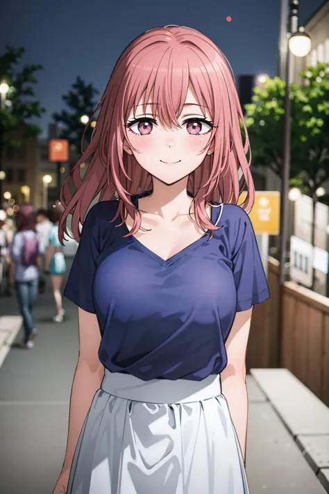 best quality, (masterpiece:1.2), detailed,
inui shinju lj,
1girl, solo, light smile, closed mouth,
pink hair, pink eyes, long hair, medium breasts,
collarbone, blue shirt, white skirt,
standing, (from angle:1.2), looking at the viewer,
outdoors, road, street, city, night ,