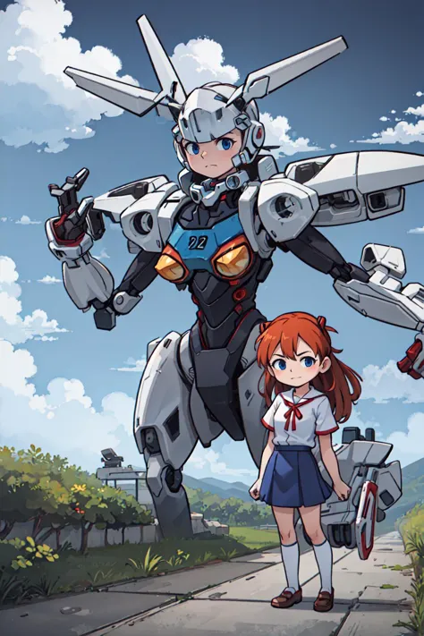 a cartoon picture of a girl standing next to a giant robot