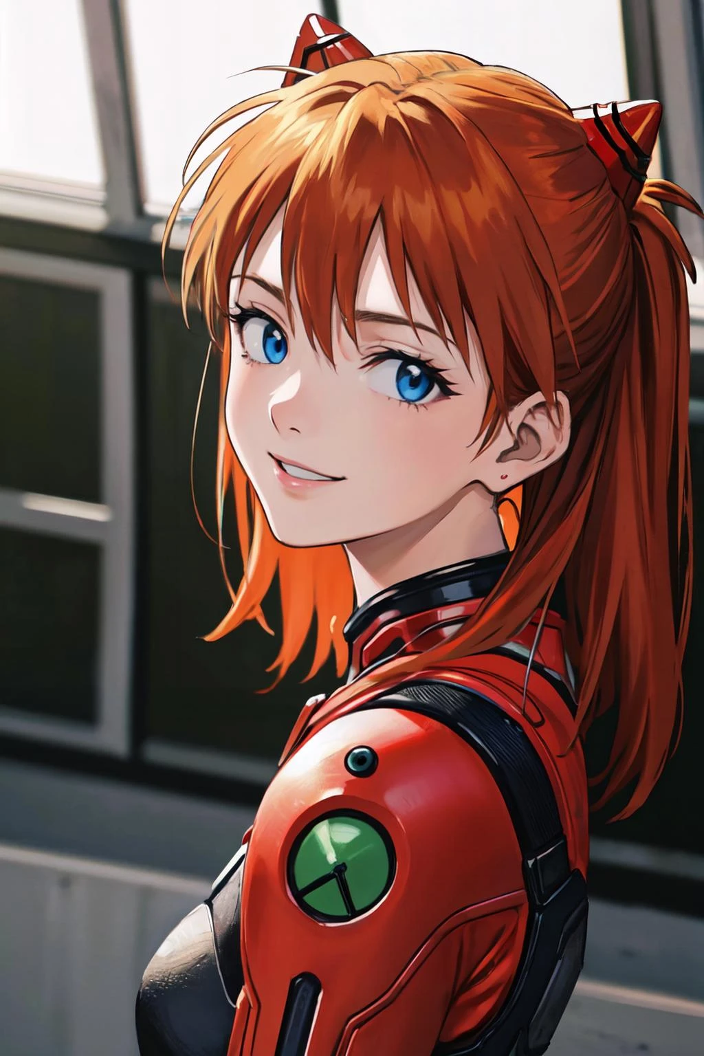 asuka, blue eyes, orange hair,
(best quality, masterpiece, RAW photo,ultra-detailed:1.2), 1girl,solo,looking at viewer,smile,