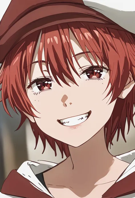 <lora:BFkanade_Pv1:1>, bfkand, 1girl, solo, smile, red hair, short hair, hat, red eyes, looking at viewer, grin, portrait, hair between eyes