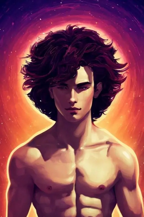 tarot card style, 1boy, male_focus, shirtless,  solo, portrait , digital illustrated,  flowing hair, glowing rainbow hair,     night, pastel , looking at the camera , looking_at_viewer, ring lighting, rim lighting, trending on artstation,  wlop,  dsktaro1