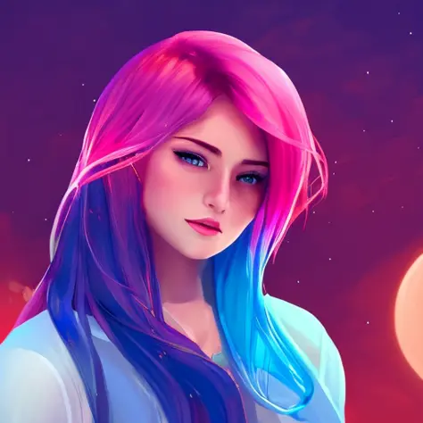 1 girl, solo, portrait , digital illustrated,  flowing hair, glowing rainbow hair,     night,  red_moon, looking at the camera , looking_at_viewer, ring lighting, rim lighting, trending on artstation,  wlop,  dsktaro1