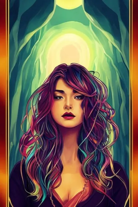 tarot card style, 1 girl, solo, portrait , digital illustrated,  flowing hair, glowing rainbow hair,     night,  red_moon, looki...