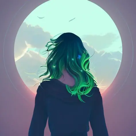 1 girl, solo, portrait , digital illustrated,  flowing hair, glowing  rainbow hair,   bare_shoulders,  night,  red_moon, round_window, looking at the camera ,sitting, ring lighting, cinematic, rim lighting, trending on artstation,  wlop,  dsktaro1