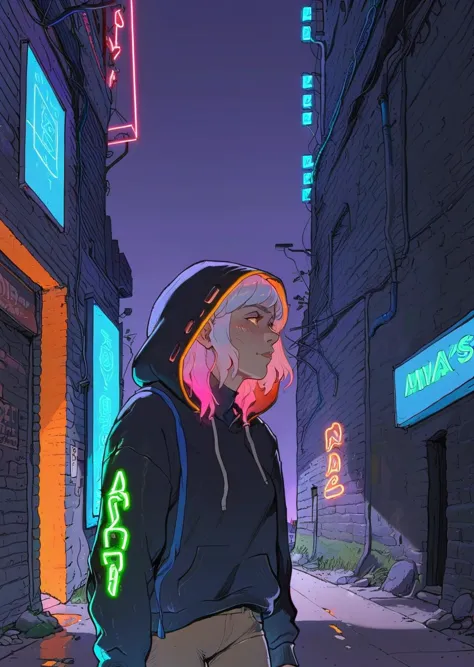 a close up of a person standing on a street with neon lights