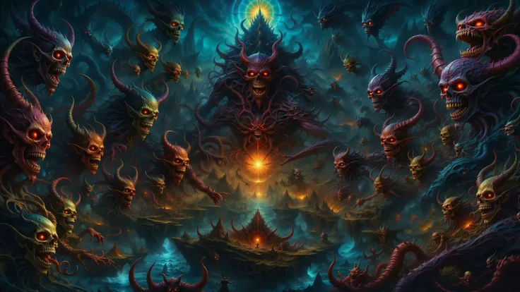 a painting of a group of demonic creatures surrounded by fire