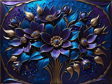 purple and blue flowers are in a decorative frame on a blue background