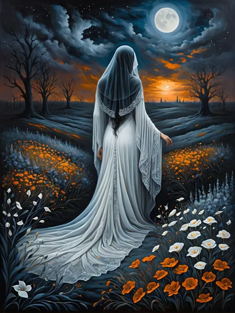 Gothic style A old oil painted masterpiece,  a ghost woman in a white gown watches a field of flowers disintegrate into colorful metal dust under the deep oil painted night sky. (Feminine:1.2), (beautiful:1.4),(attractive:1.3),. Dark, mysterious, haunting, dramatic, ornate, detailed