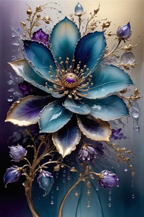 a close up of a painting of a flower with blue flowers