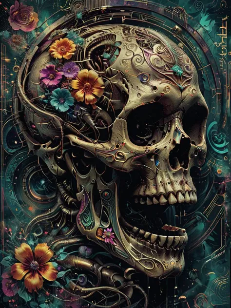 a close up of a skull with flowers on it's head