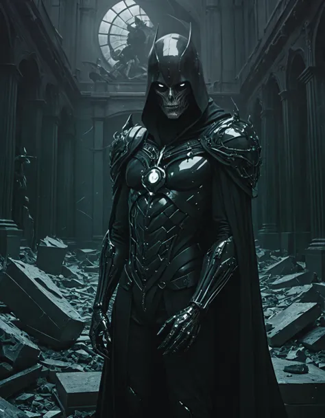 batman in a dark suit standing in a ruined building