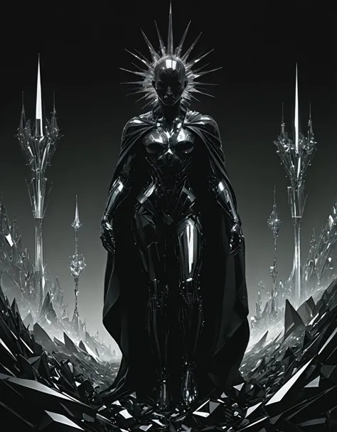 a black and white photo of a woman in armor standing in front of a futuristic city