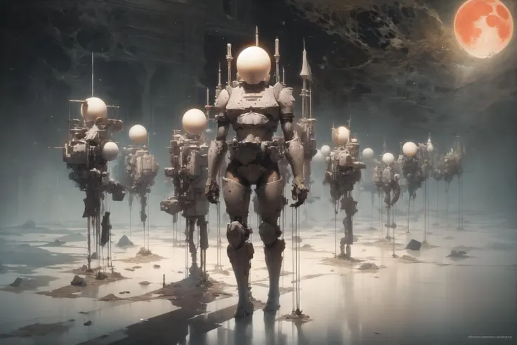 a close up of a group of robots walking in a field