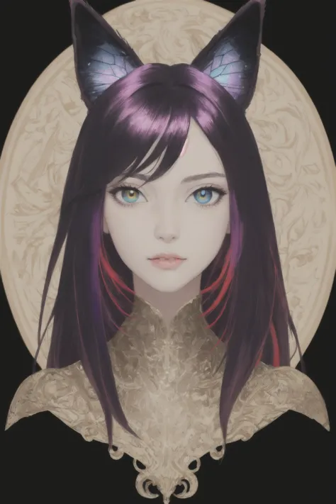 a close up of a woman with purple hair and cat ears