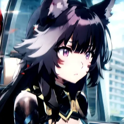 anime girl with black hair and cat ears sitting in a car