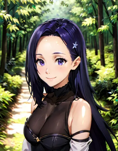 anime girl with long black hair and blue eyes in a forest