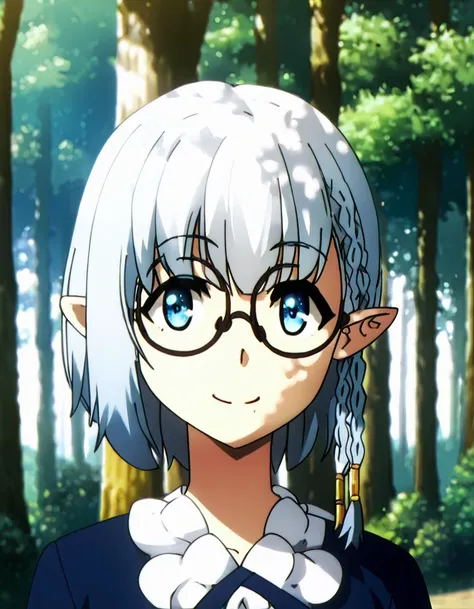 anime girl with blue eyes and white hair in a forest