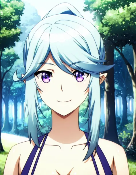 a woman with blue hair and purple eyes standing in a forest