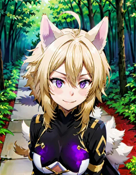 anime girl with cat ears and purple eyes standing in the woods