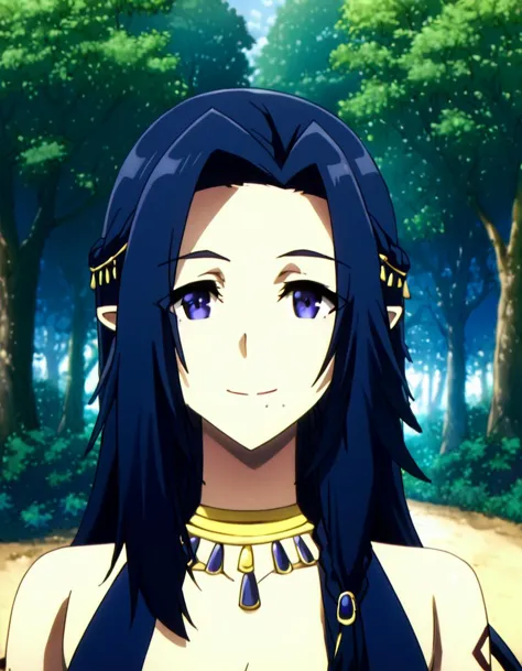 a woman with long black hair and blue eyes standing in front of trees