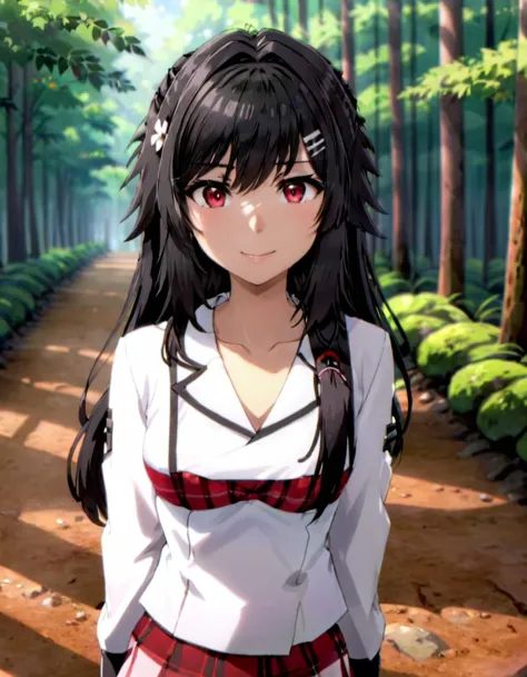 anime girl in a school uniform standing in a forest