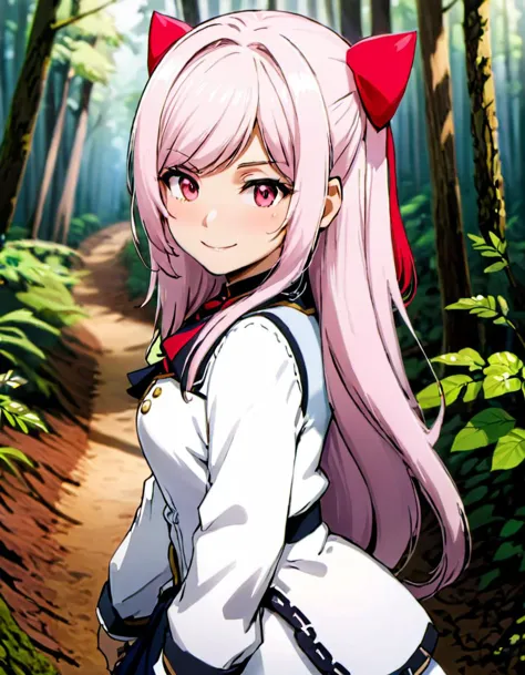 anime girl with pink hair and red ears in a forest